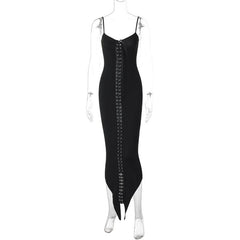 Lace up PU leather patchwork cami midi dress