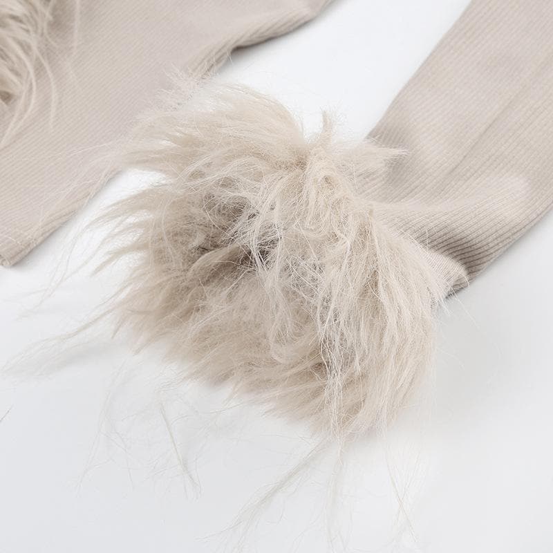Long sleeve v neck furry ribbed self tie solid top