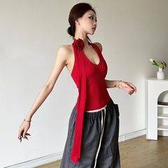 Halter backless flower applique solid top