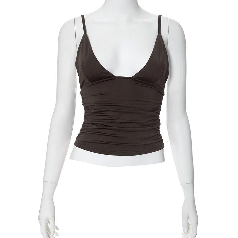 Ruched v neck solid backless cami top