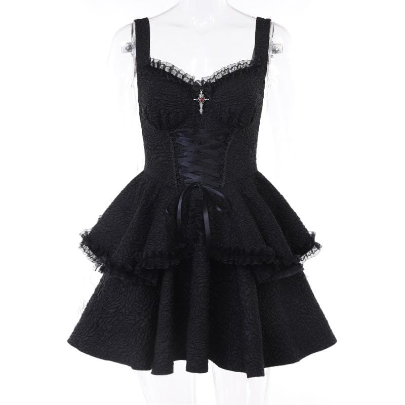 Backless lace up zip-up textured solid lace hem mini dress