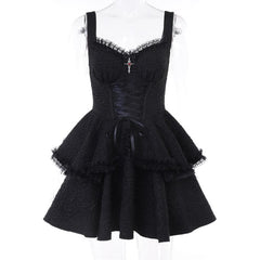 Backless lace up zip-up textured solid lace hem mini dress