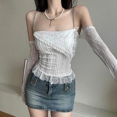 Textured solid long sleeve metal chain lace hem off shoulder top