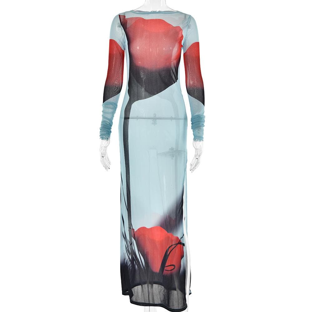 Sheer mesh see through abstract contrast long sleeve slit maxi dress  | samba dress