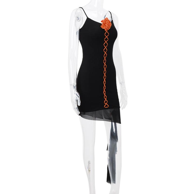 U neck flower applique lace up ruffle cami mini dress