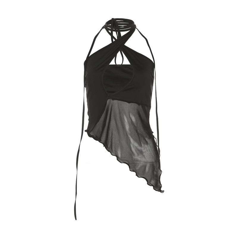 Halter mesh ruffle irregular backless top