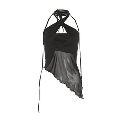 Halter mesh ruffle irregular backless top