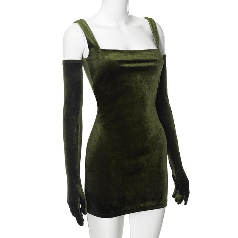 Velvet sleeveless gloves solid square neck mini dress  | red tango dress