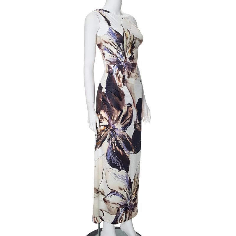 Off shoulder abstract print ruched maxi dress