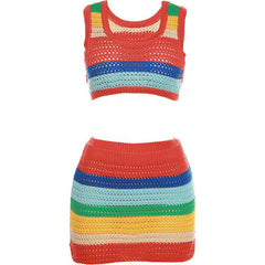 U neck sleeveless knitted contrast crop mini skirt set