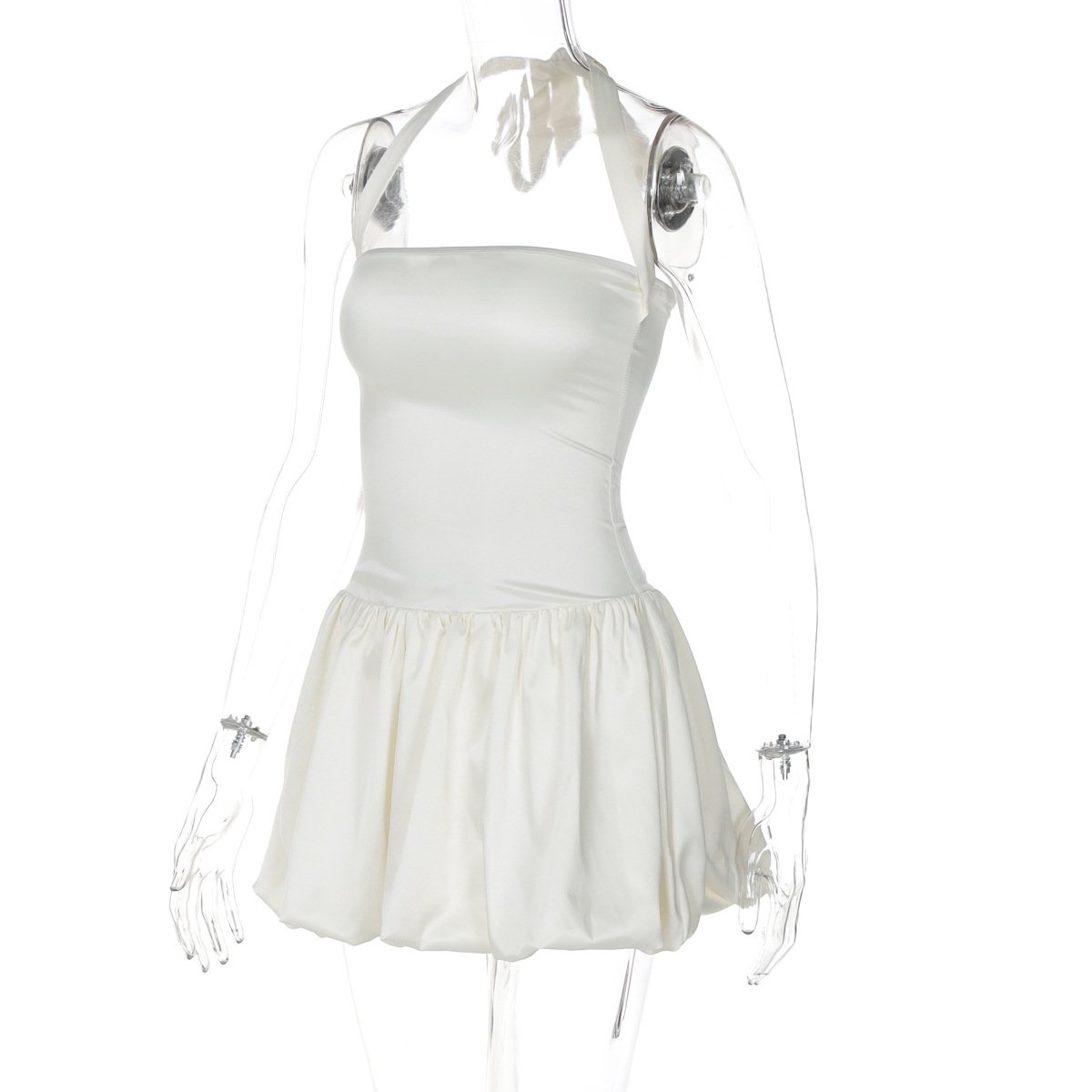 Halter ruched knotted solid mini dress