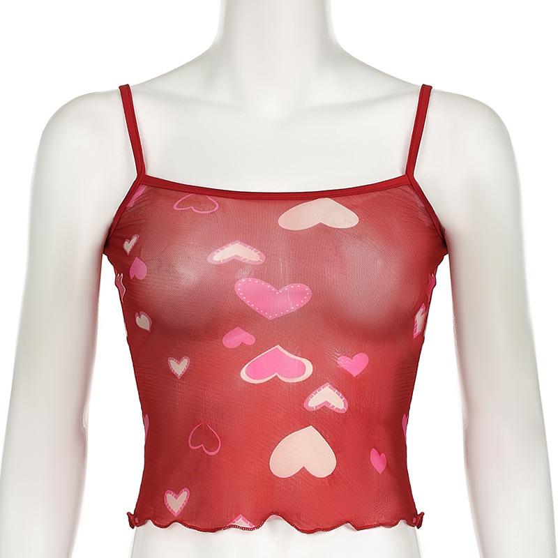 Heart print sheer mesh ruffle cami top