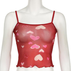 Heart print sheer mesh ruffle cami top