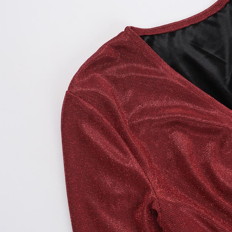 V neck long sleeve ruched slit glitter mini dress  | red tango dress