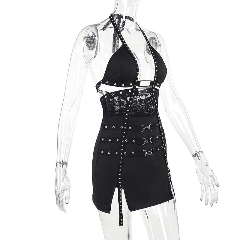 Halter buckle slit backless hollow out cut out mini dress