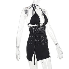 Halter buckle slit backless hollow out cut out mini dress