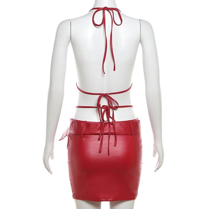 Halter buckle deep PU leather v neck backless mini dress  | red tango dress