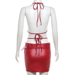 Halter buckle deep PU leather v neck backless mini dress  | red tango dress