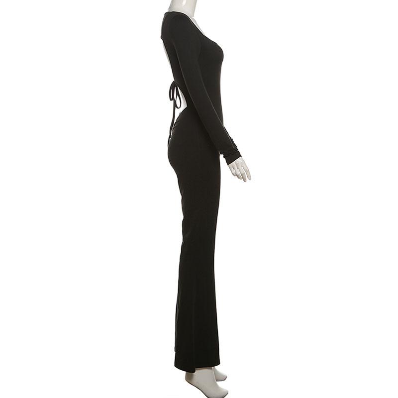 Long sleeve u neck backless self tie solid jumpsuit