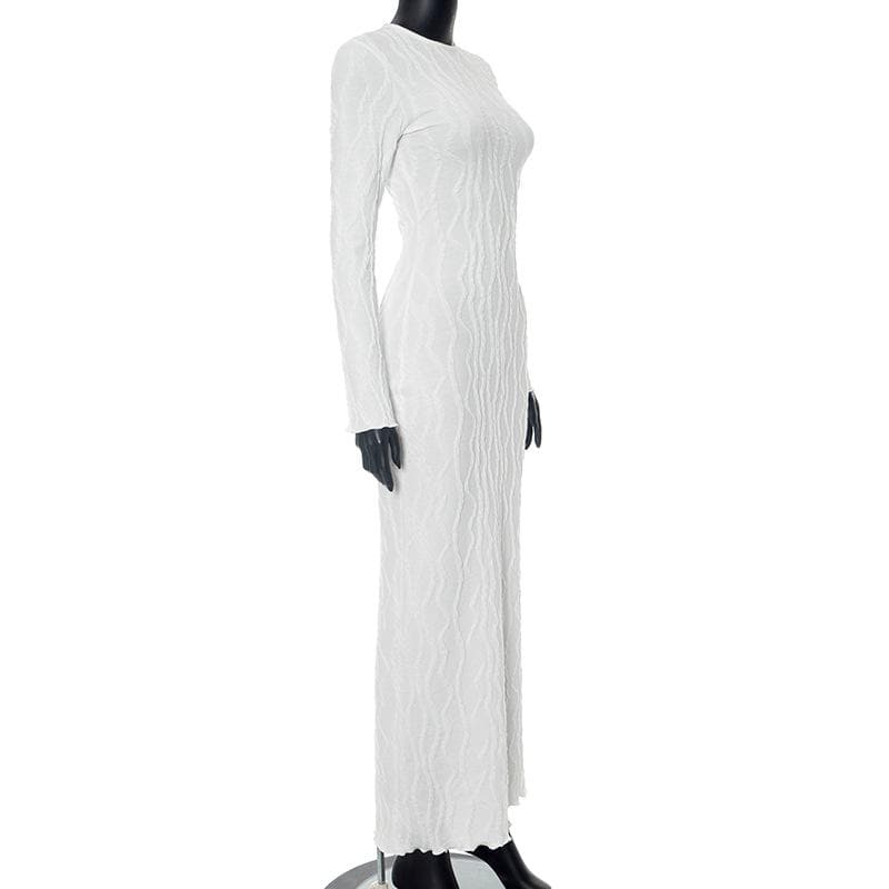 Long sleeve crewneck textured ruffle maxi dress