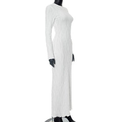 Long sleeve crewneck textured ruffle maxi dress