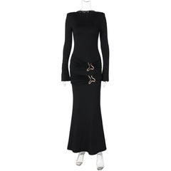 Long sleeve crewneck padded metal applique maxi dress