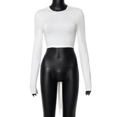 Self tie backless solid long sleeve crewneck top