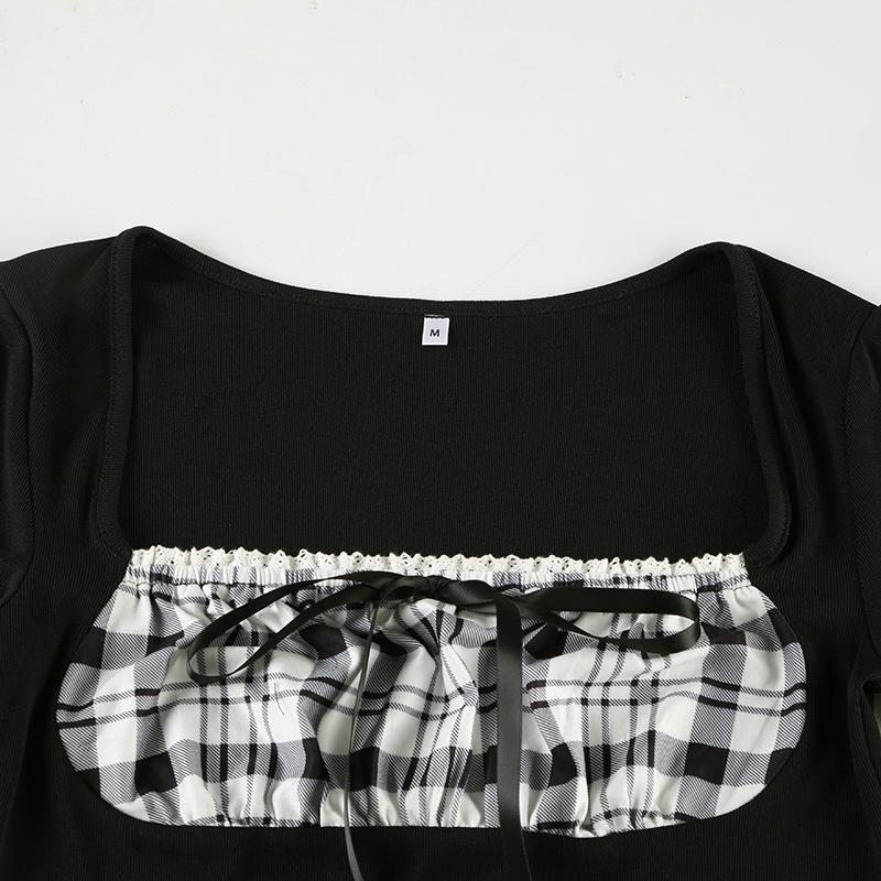 Long sleeve square neck plaid self tie top