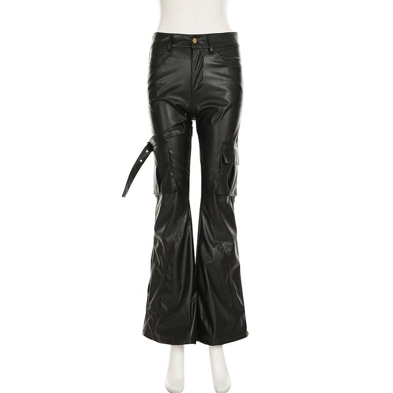 PU leather buckle pocket high rise pant