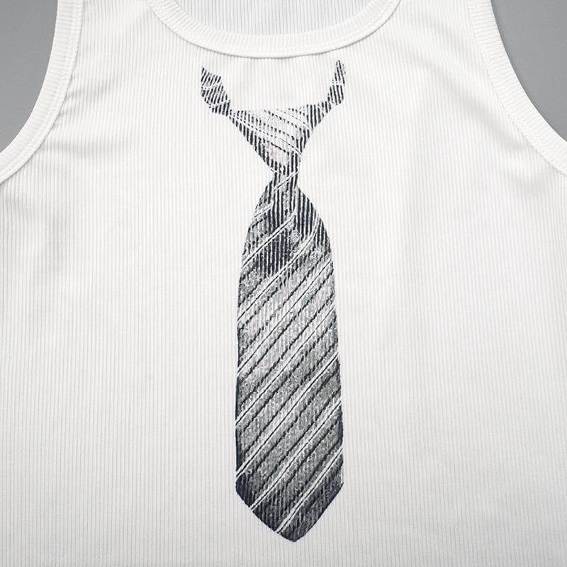 U neck necktie print ribbed contrast sleeveless top