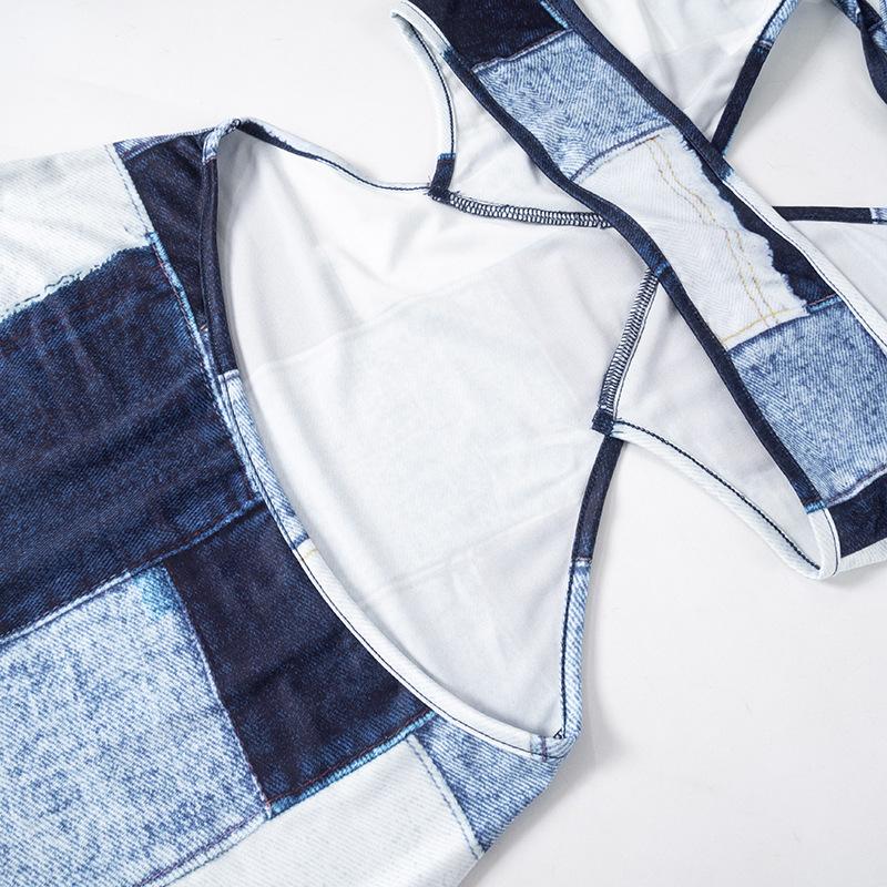 Halter patchwork denim hollow out mini dress