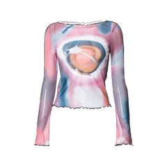 Sheer mesh contrast print crewneck ruffle long sleeve top
