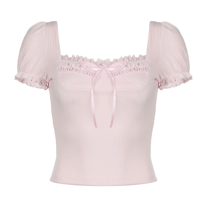 Short puff sleeve ribbed bowknot ruffle top