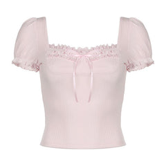 Short puff sleeve ribbed bowknot ruffle top