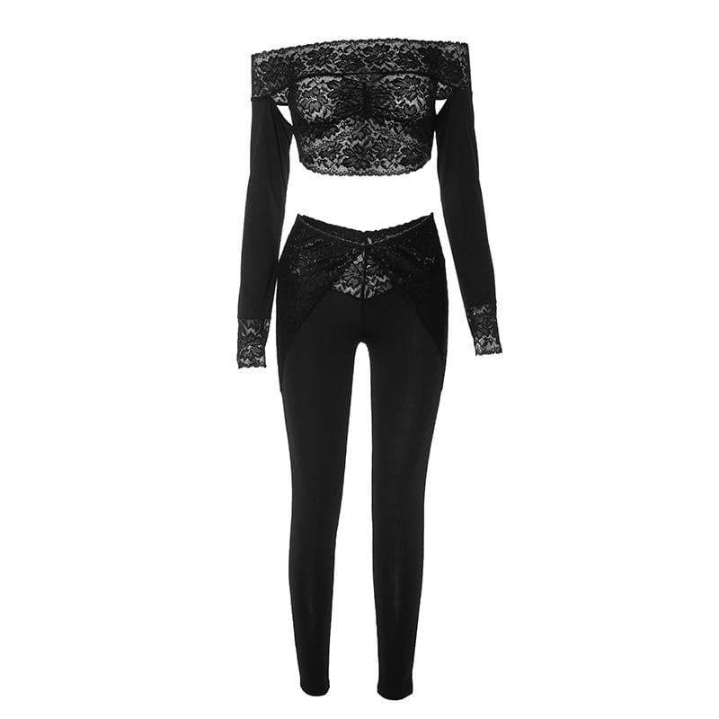 Long sleeve off shoulder see through lace pant set