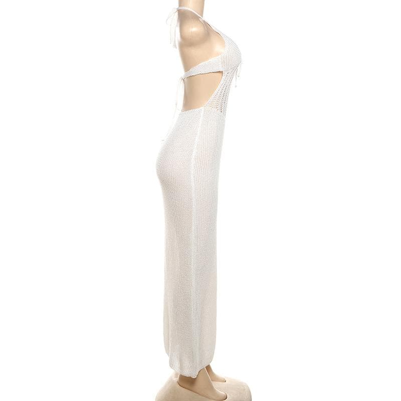 Knitted hollow out see through halter cut out maxi dress
