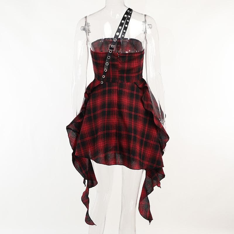 Ruffle plaid zip-up irregular one shoulder backless mini dress  | red tango dress