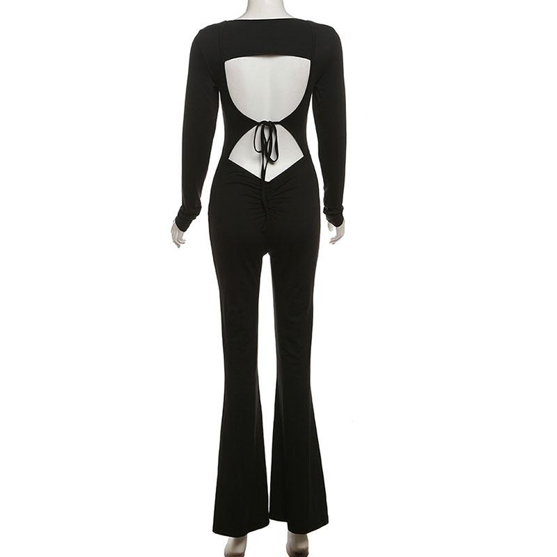 Long sleeve u neck backless self tie solid jumpsuit