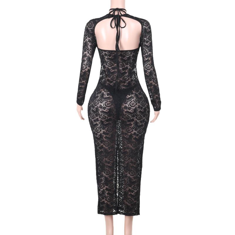 Lace long sleeve hollow out cross front maxi dress
