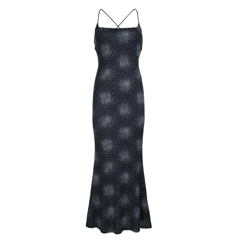 Print cross back backless cami maxi dress  | black rave dress