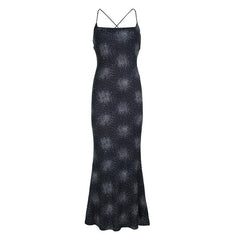 Print cross back backless cami maxi dress  | black rave dress