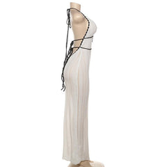 Halter v neck backless self tie knitted maxi dress