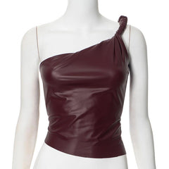 One shoulder PU leather ruched backless top