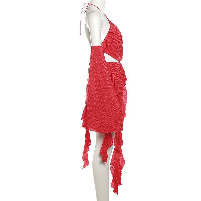 Textured gloves ruffle solid hollow out halter backless mini dress  | red tango dress