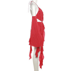 Textured gloves ruffle solid hollow out halter backless mini dress  | red tango dress