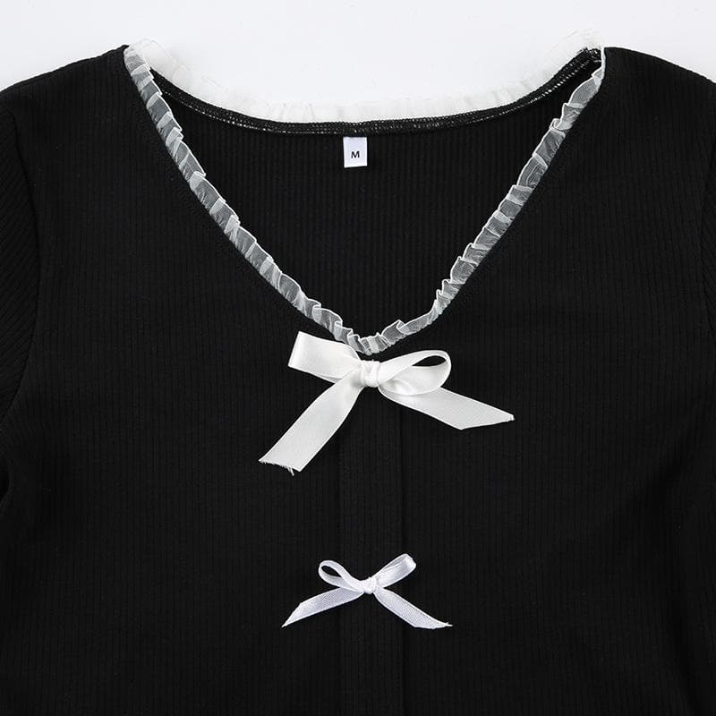 Short sleeve ruffle ruched bowknot ribbed top
