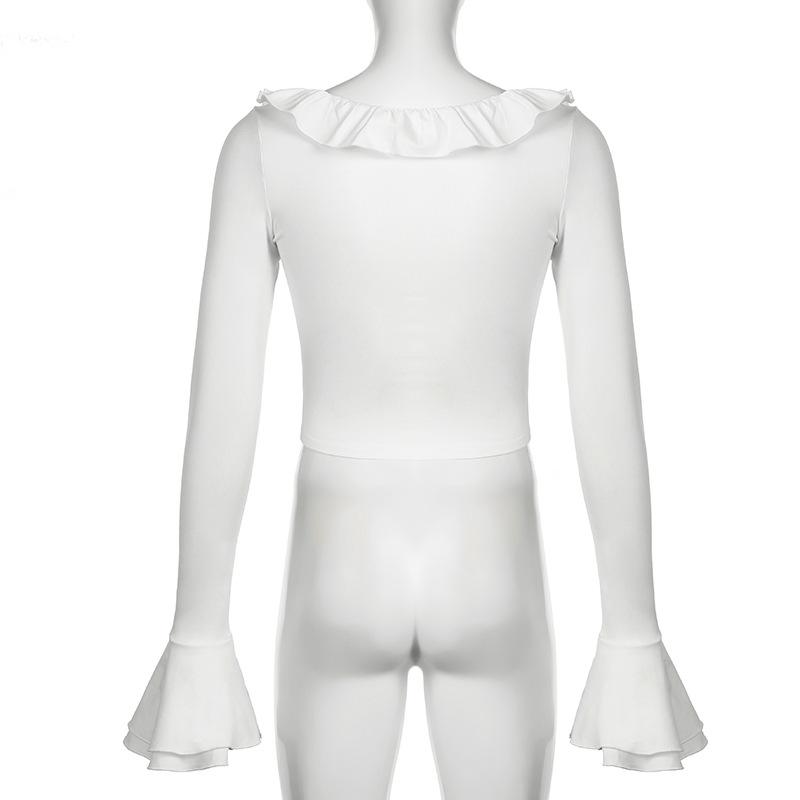 Long flared sleeve crewneck ruffle solid top
