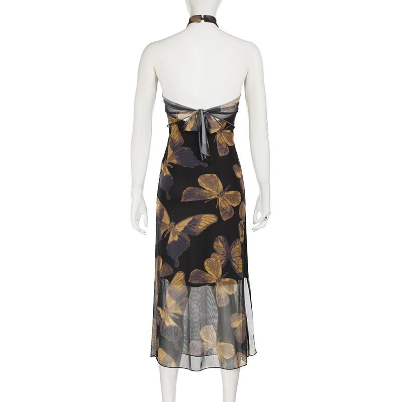 Halter butterfly print backless mesh maxi dress