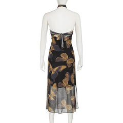 Halter butterfly print backless mesh maxi dress