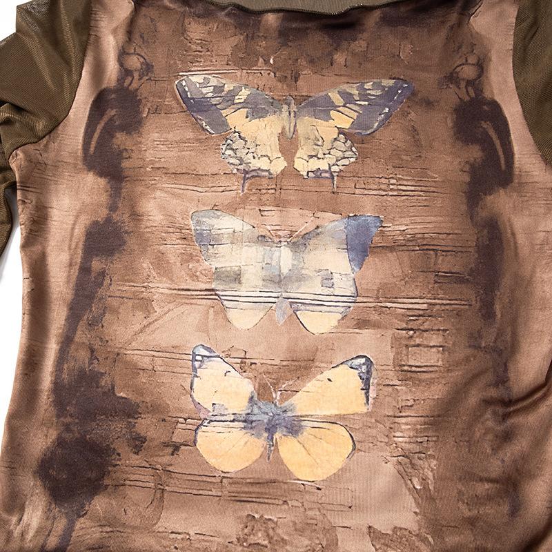 Long flared sleeve mesh patchwork butterfly pattern top